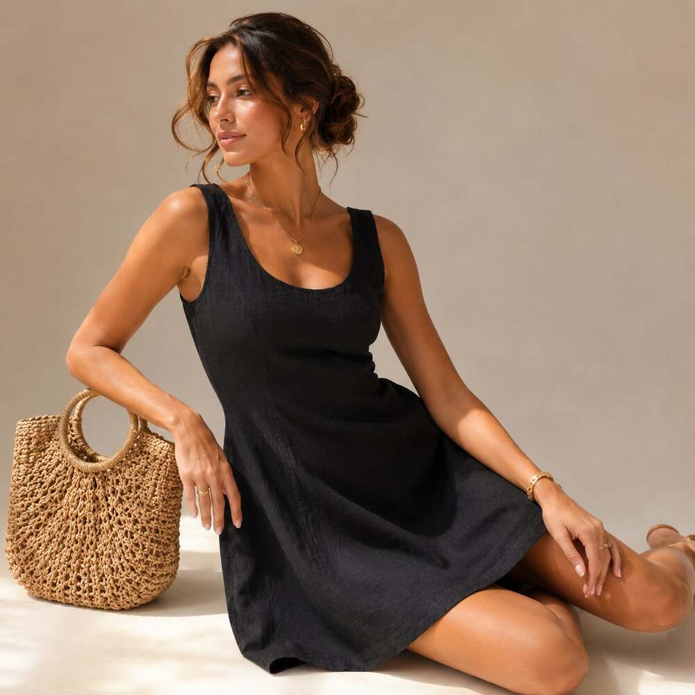 Abercrombie & Fitch Linen Blend Black Mini Dress Coquette Clean Girl Coastal